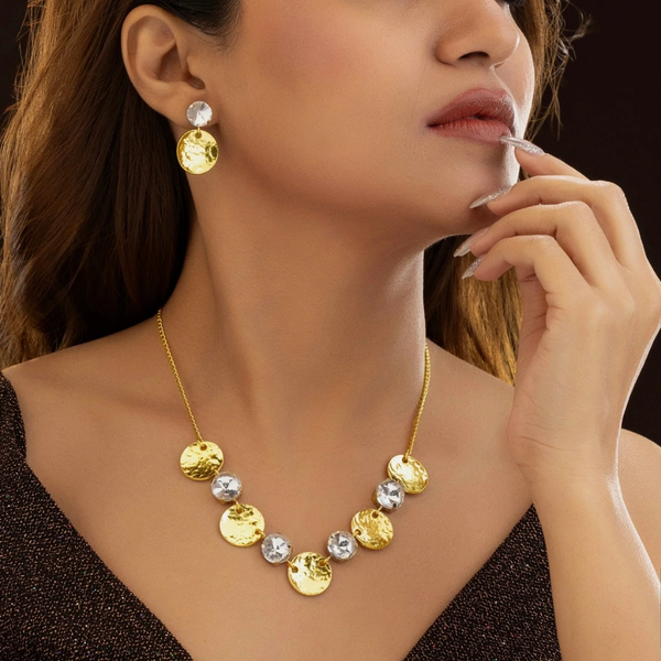 Golden Disc & Crystal Necklace Set -JN109