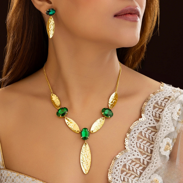 Emerald Leaf Gold Necklace & Earring Set -JN110