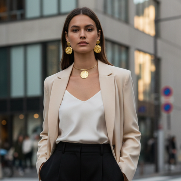 Golden Textured Disc Necklace & Stud Earrings Set -JN112