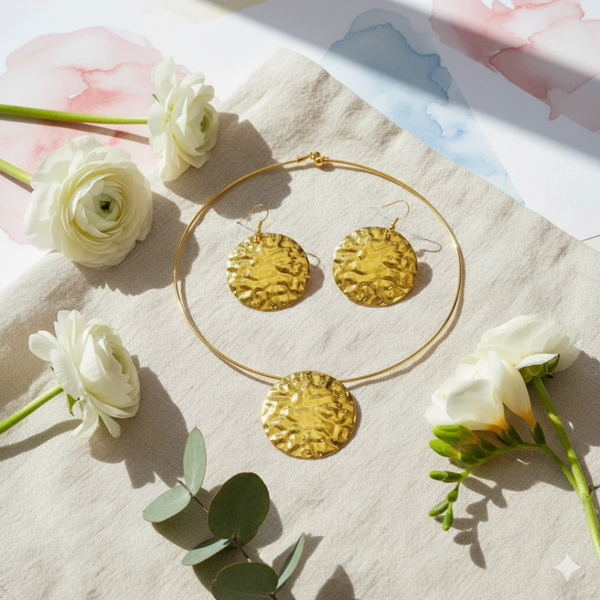 Golden Textured Disc Necklace & Stud Earrings Set -JN112