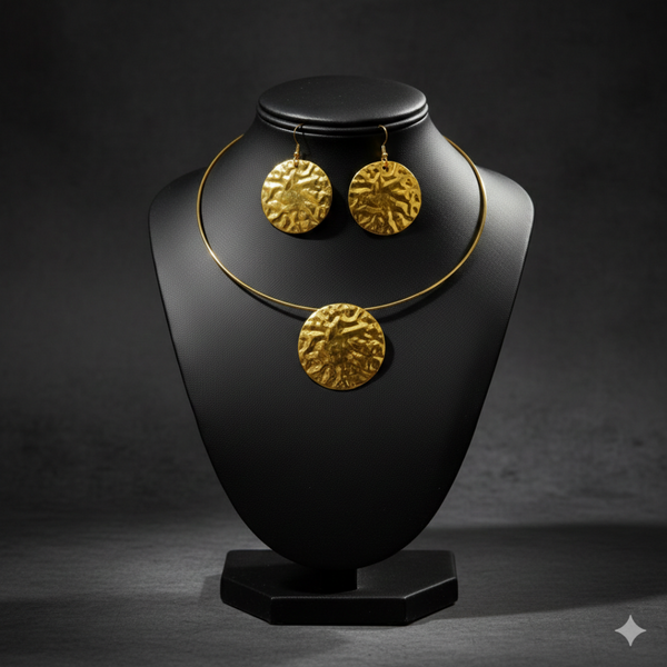 Golden Textured Disc Necklace & Stud Earrings Set -JN112