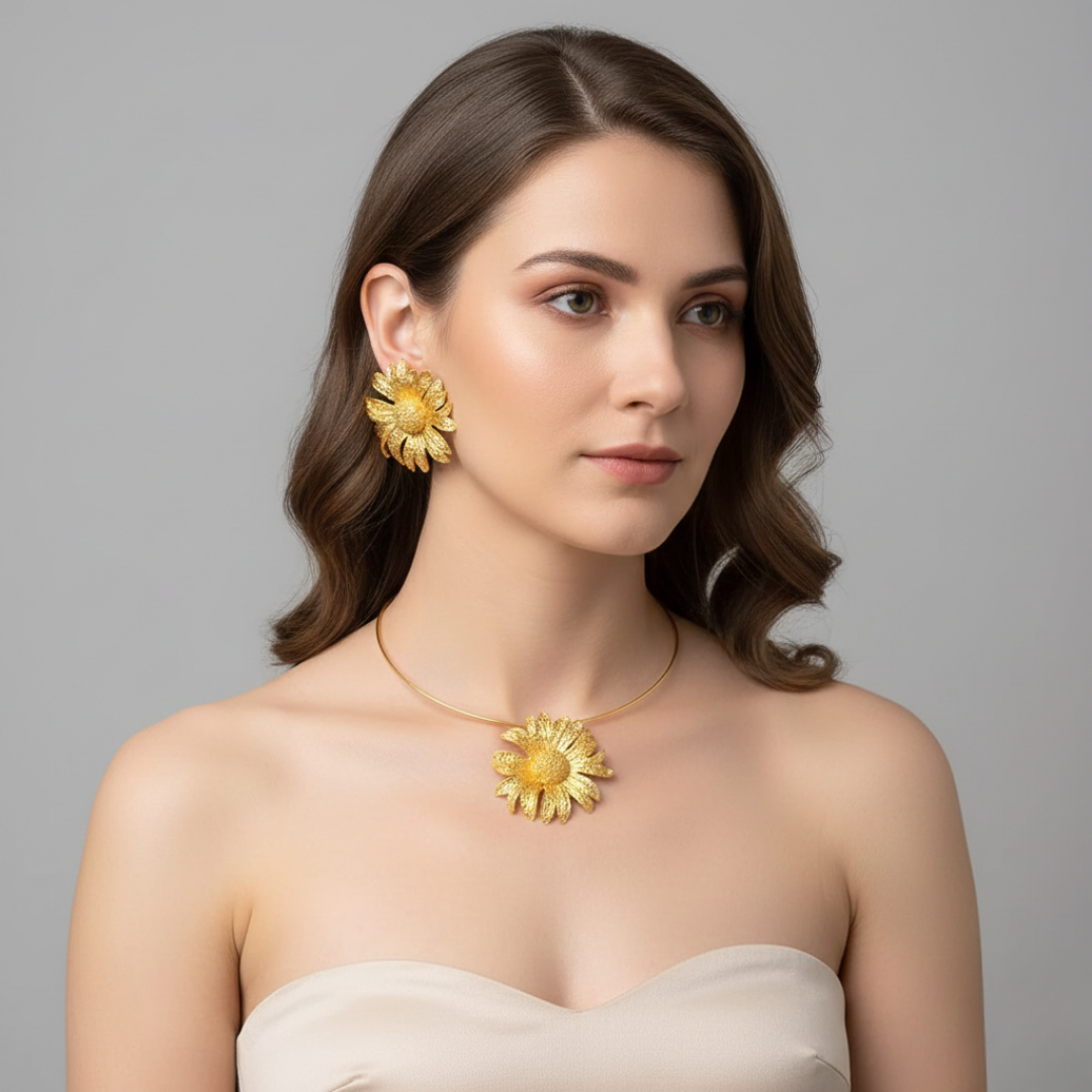 Golden Floral Statement Necklace & Earrings Set -JN113