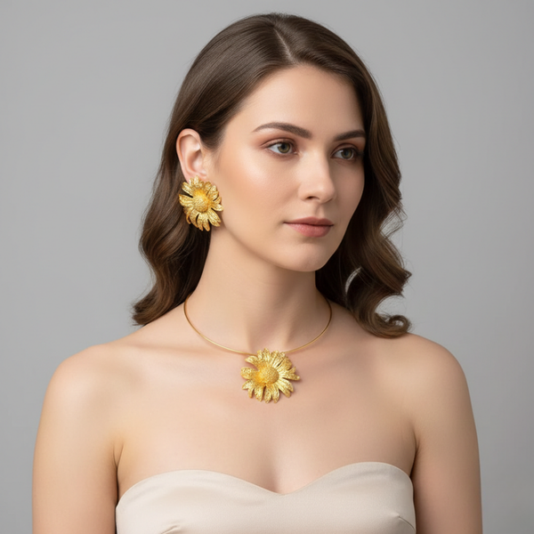 Golden Floral Statement Necklace & Earrings Set -JN113