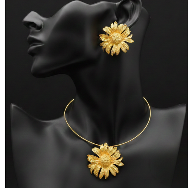 Golden Floral Statement Necklace & Earrings Set -JN113