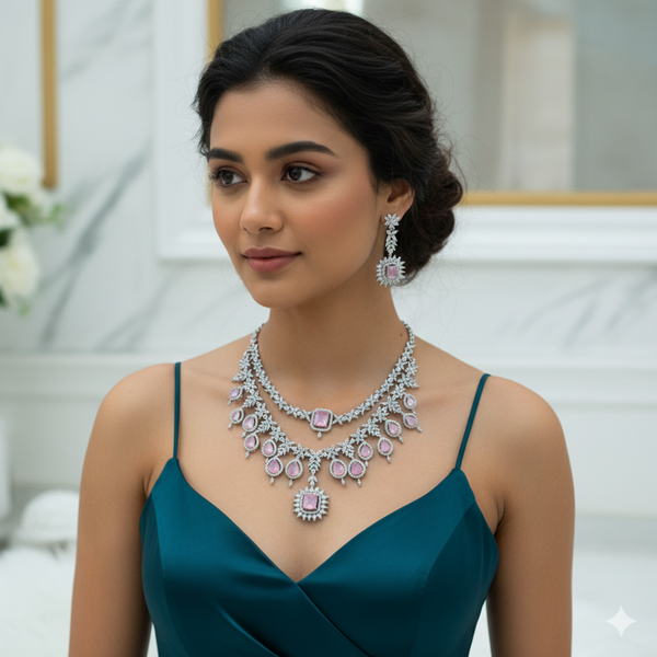 Blush Royale Floral Diamond Necklace Set -JN117