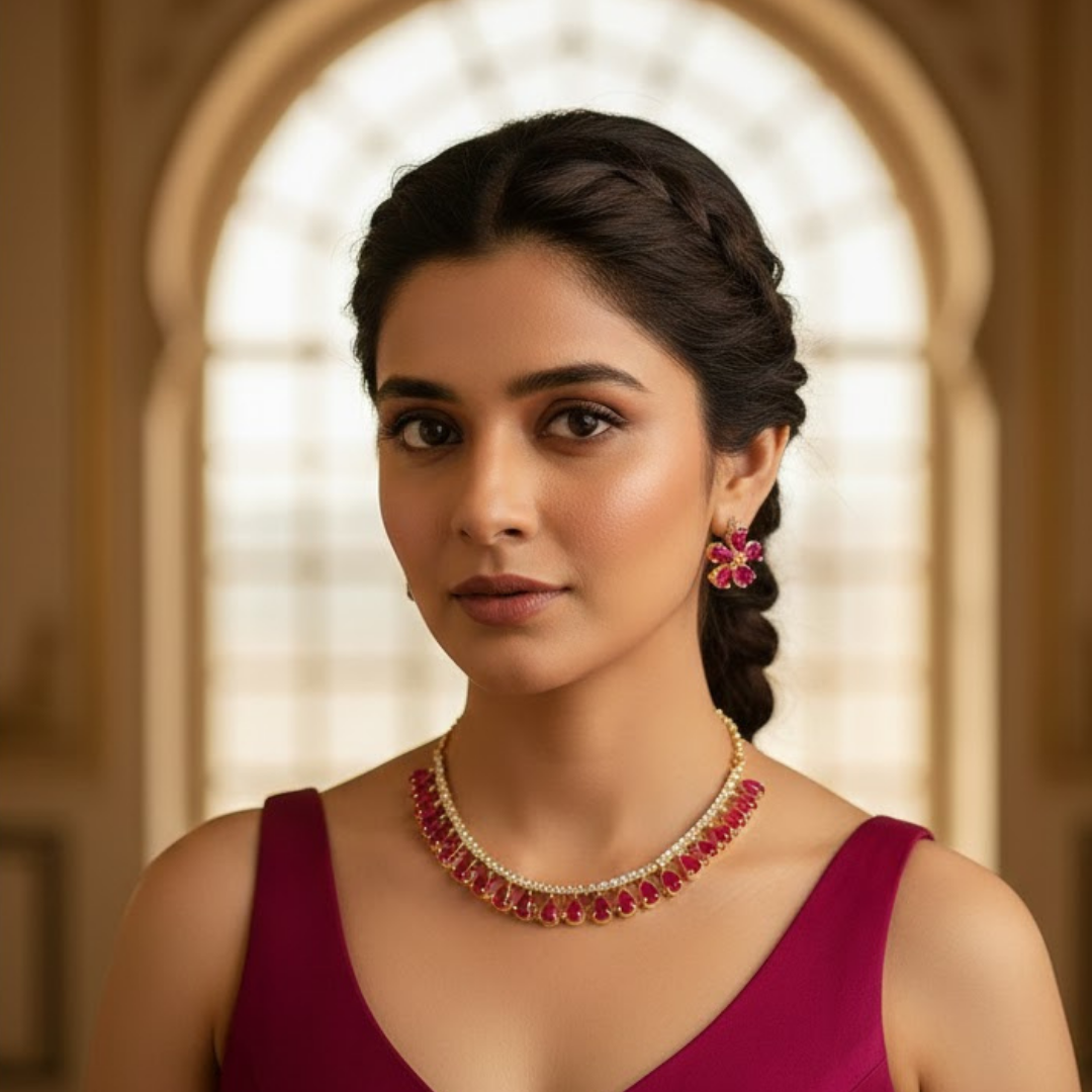 Blossom Ruby Petal Necklace & Earring Set