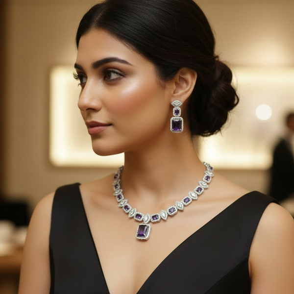 Amethyst Crystal CZ Party Wear Jewelry Set