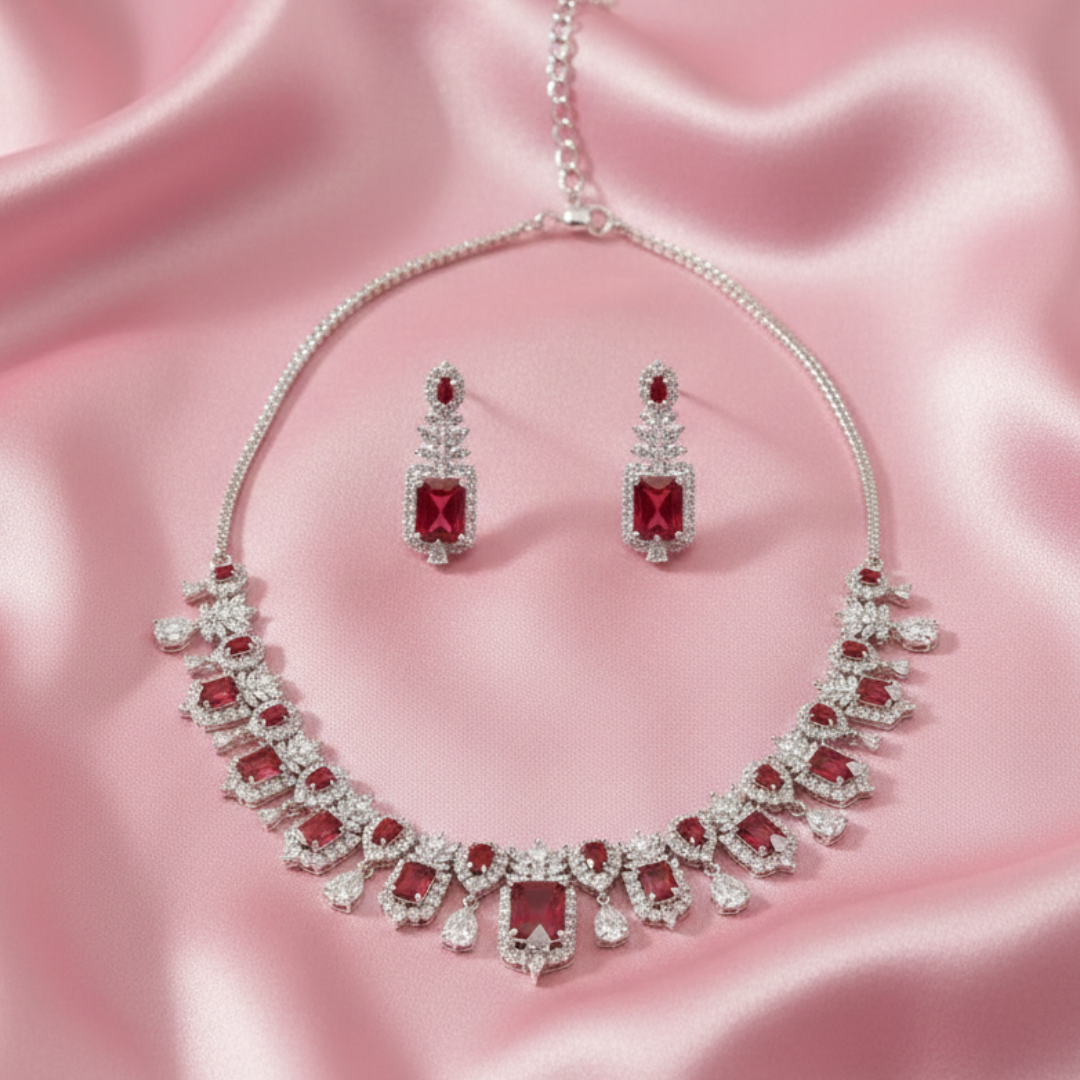 Ruby Red Crystal CZ Party Wear Jewelry Set
