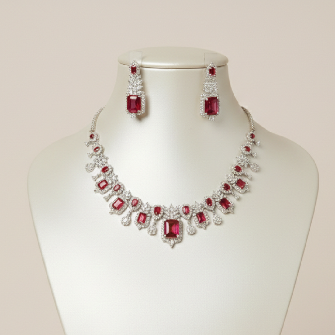 Ruby Red Crystal CZ Party Wear Jewelry Set