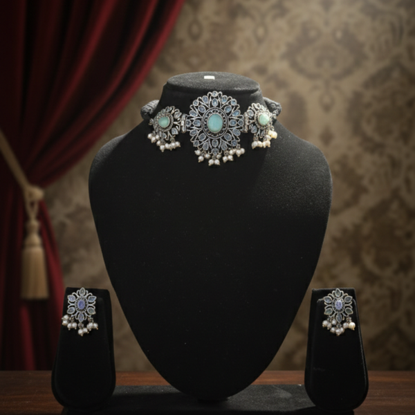 Turquoise Oxidized Choker & Earring Set