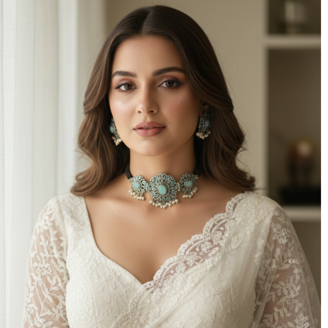 Turquoise Oxidized Choker & Earring Set