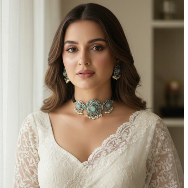 Turquoise Oxidized Choker & Earring Set