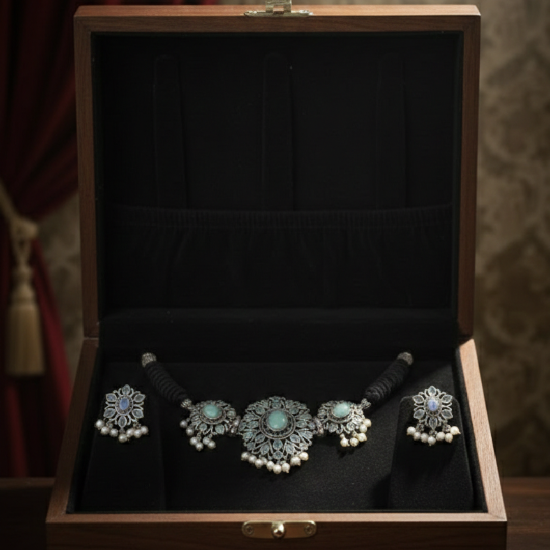 Turquoise Oxidized Choker & Earring Set