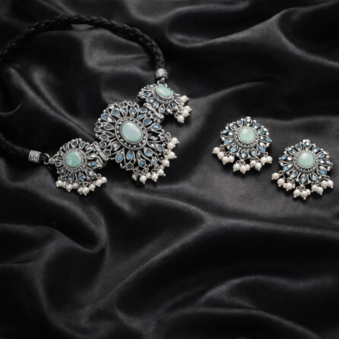 Turquoise Oxidized Choker & Earring Set