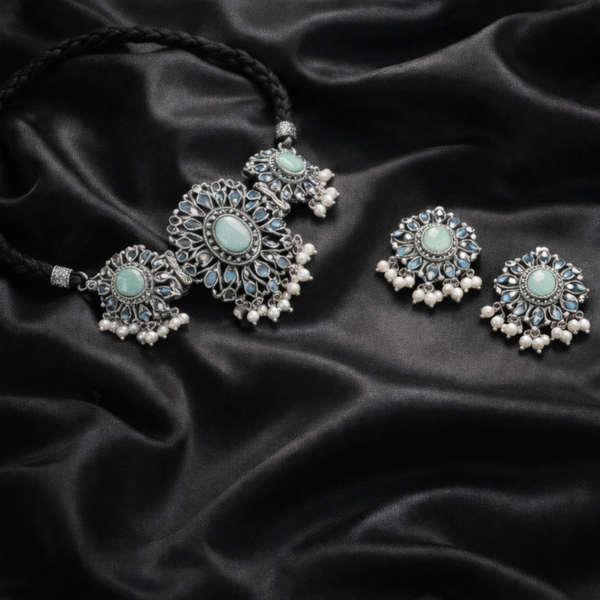 Turquoise Oxidized Choker & Earring Set