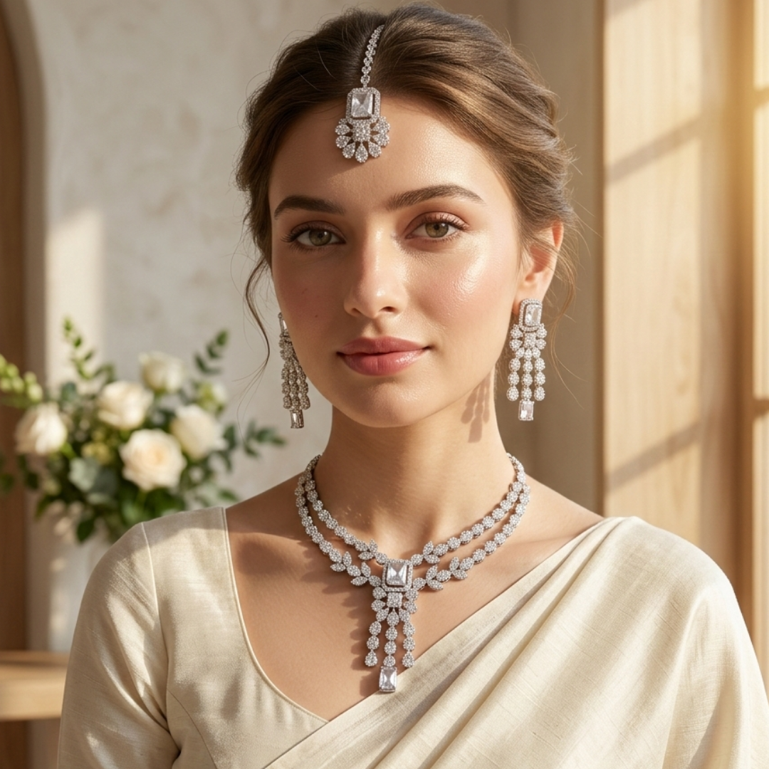 Elegant Crystal Drop Jewelry Set with Maang Tikka