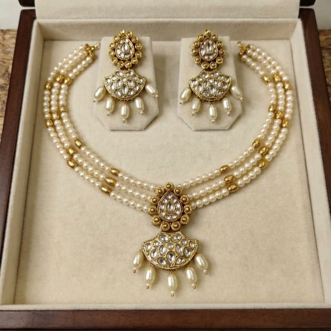 Celestia Triple-Strand Pearl & Kundan Set