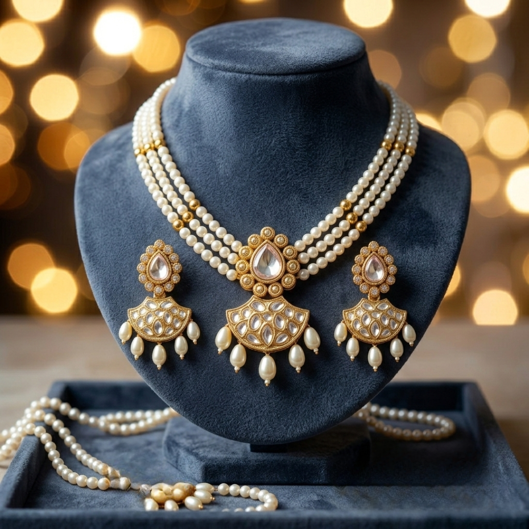 Celestia Triple-Strand Pearl & Kundan Set