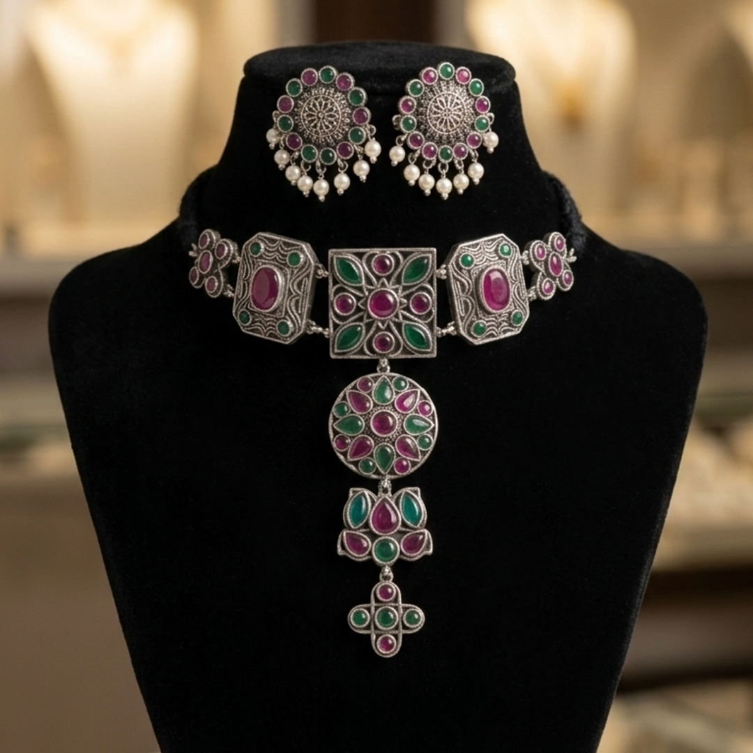 The Vrinda Oxidized Emerald & Ruby Choker Set