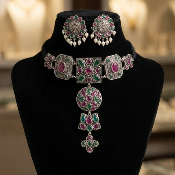 The Vrinda Oxidized Emerald & Ruby Choker Set
