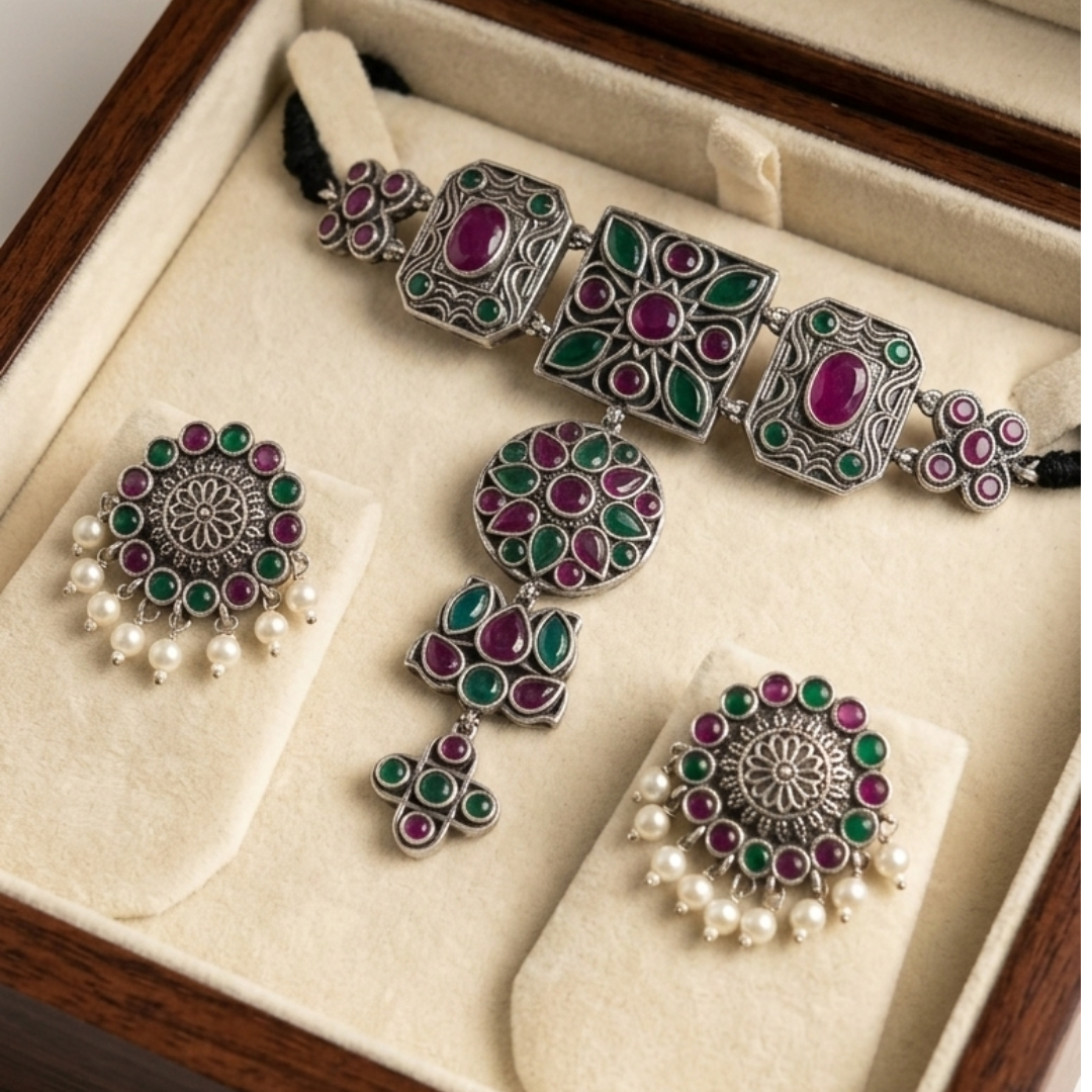 The Vrinda Oxidized Emerald & Ruby Choker Set