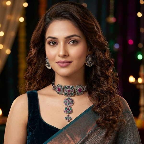 The Vrinda Oxidized Emerald & Ruby Choker Set