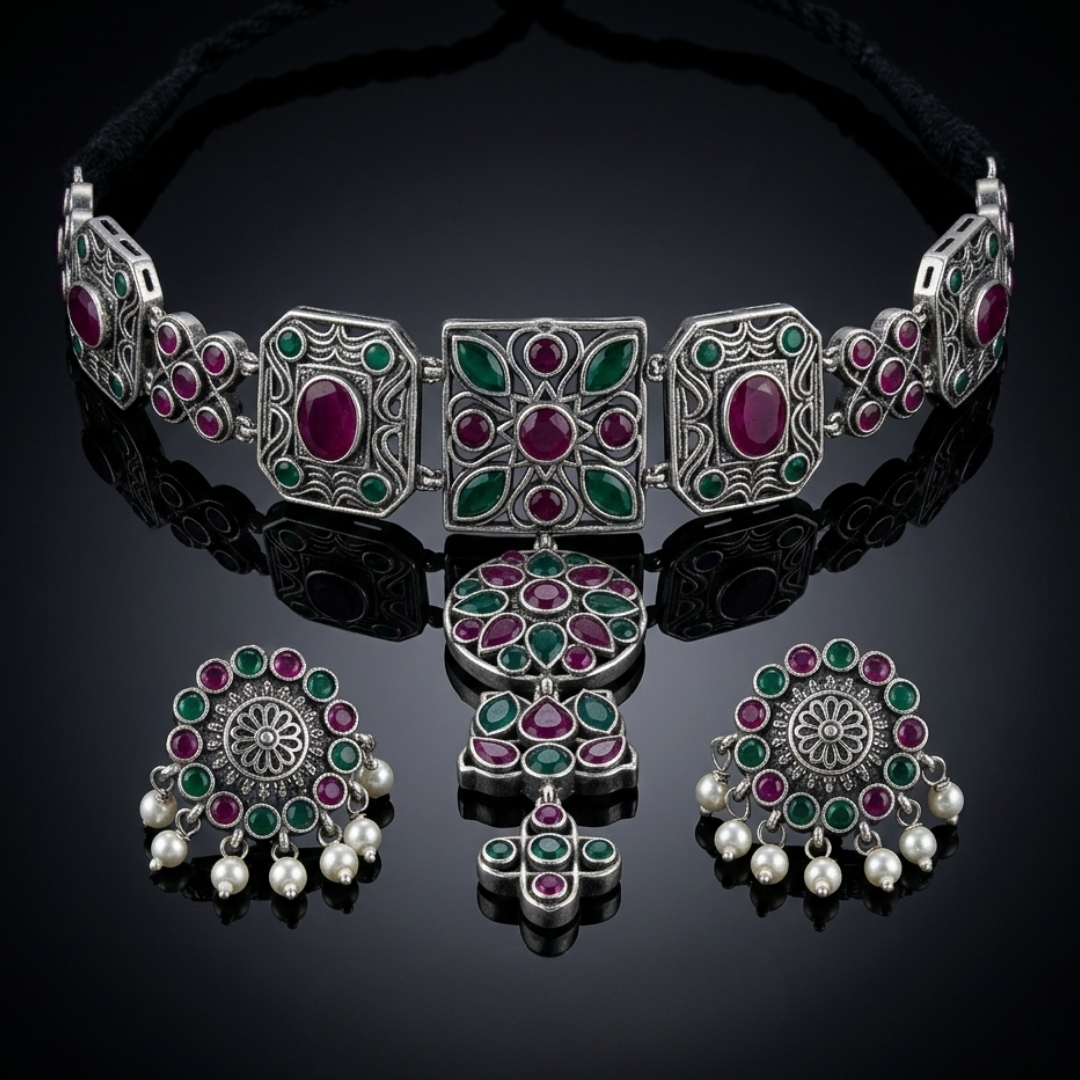 The Vrinda Oxidized Emerald & Ruby Choker Set