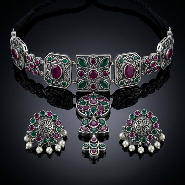 The Vrinda Oxidized Emerald & Ruby Choker Set