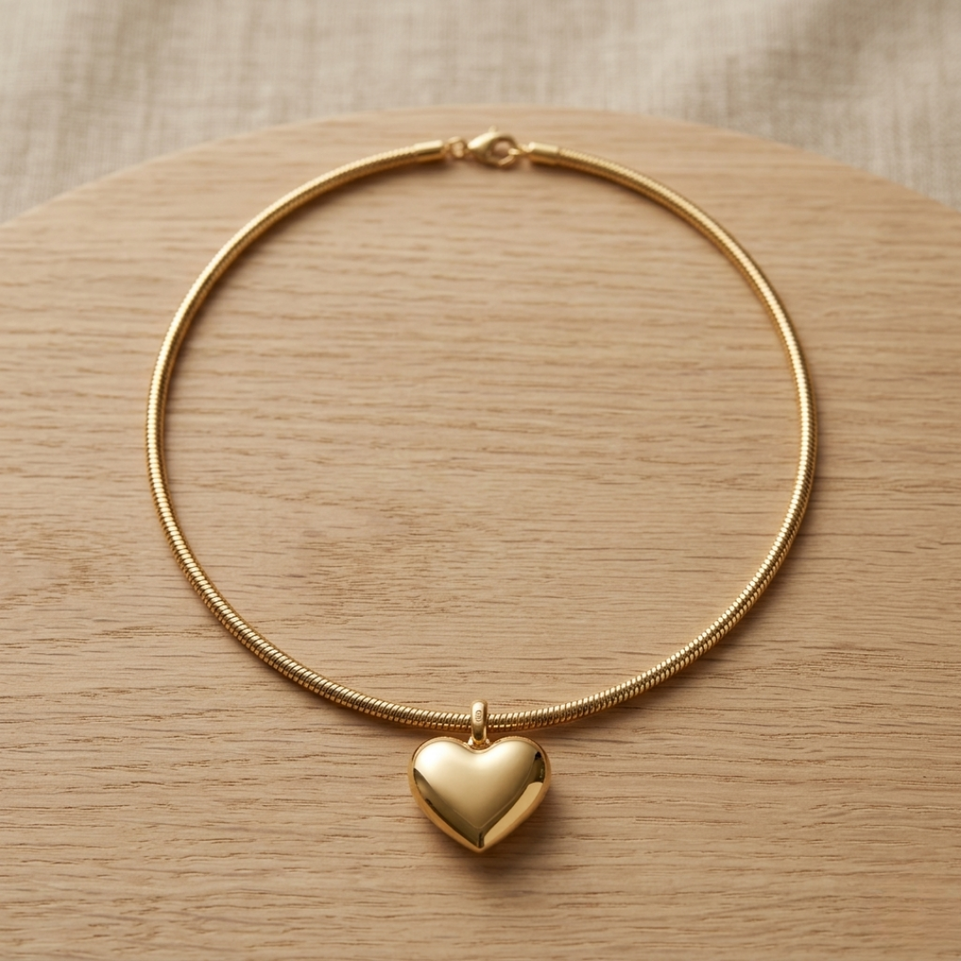 Golden Heart Puffy Pendant Necklace