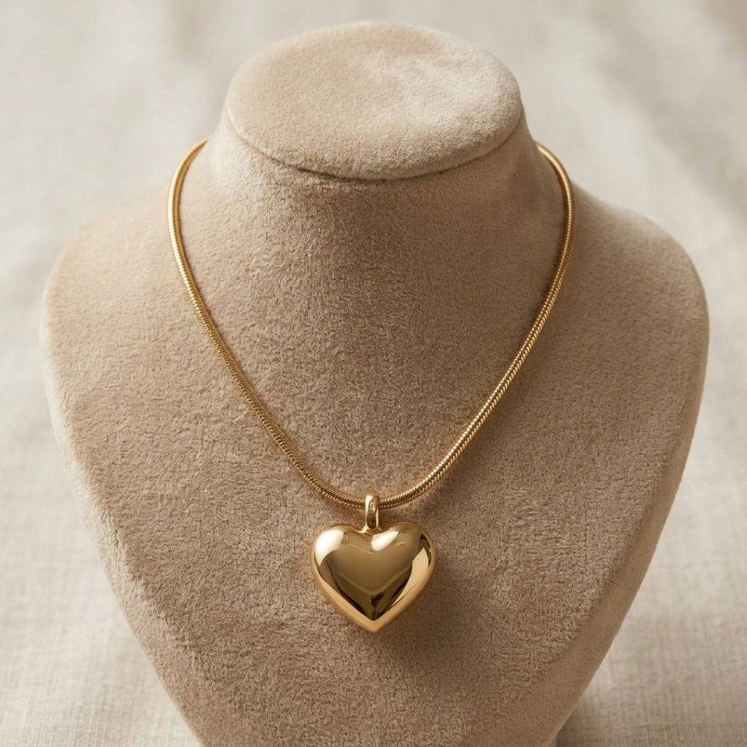 Golden Heart Puffy Pendant Necklace