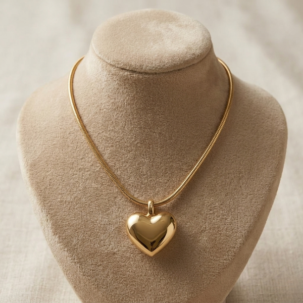 Golden Heart Puffy Pendant Necklace