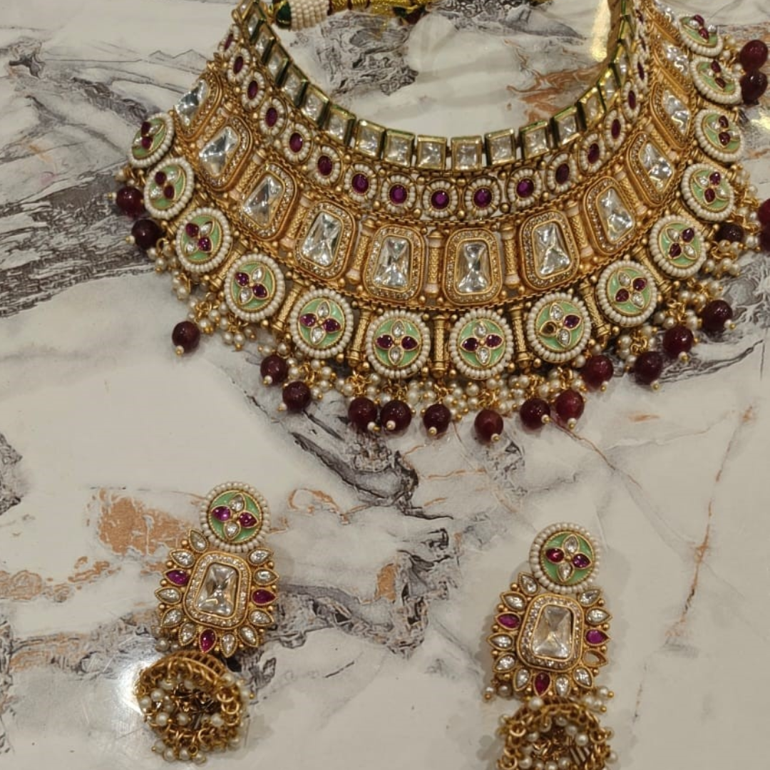 Zoya Meenakari & Kundan Bridal Choker Set with Matching Jhumkas