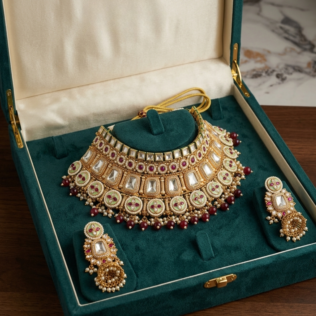 Zoya Meenakari & Kundan Bridal Choker Set with Matching Jhumkas