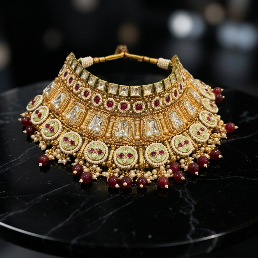 Zoya Meenakari & Kundan Bridal Choker Set with Matching Jhumkas