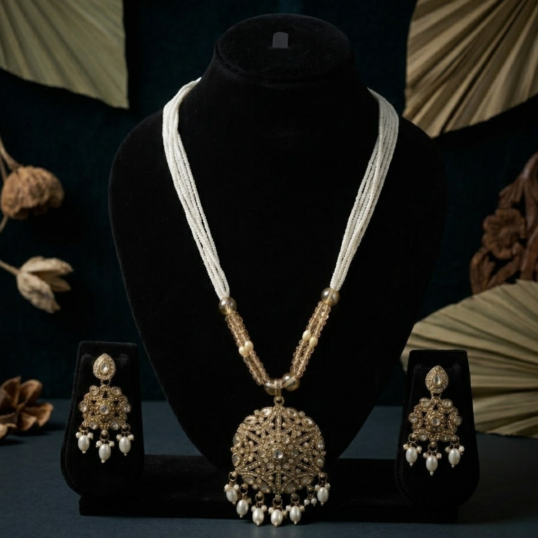 Aadhya Kundan & Multi-Strand Pearl Necklace with Statement Earrings