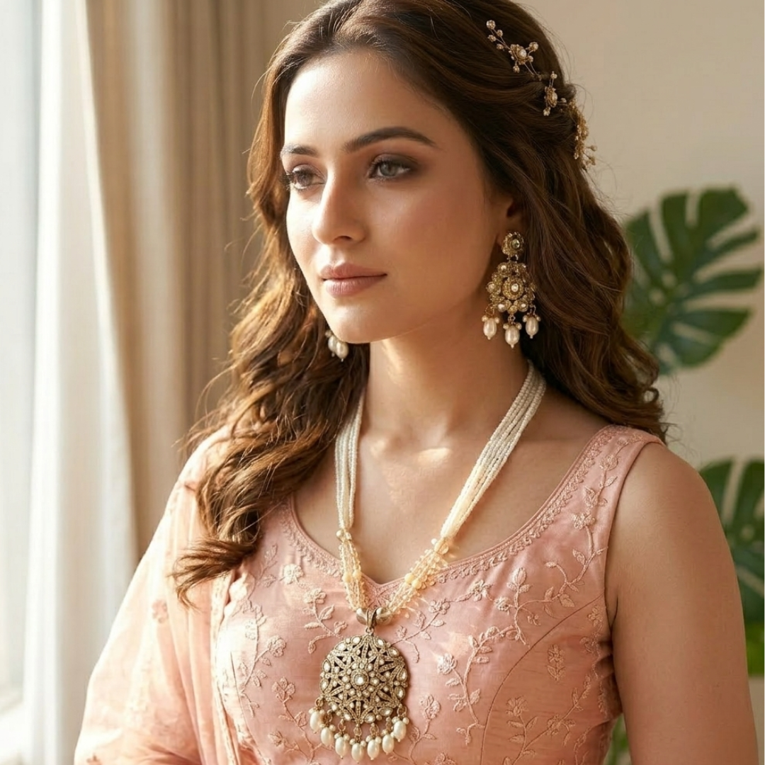 Aadhya Kundan & Multi-Strand Pearl Necklace with Statement Earrings