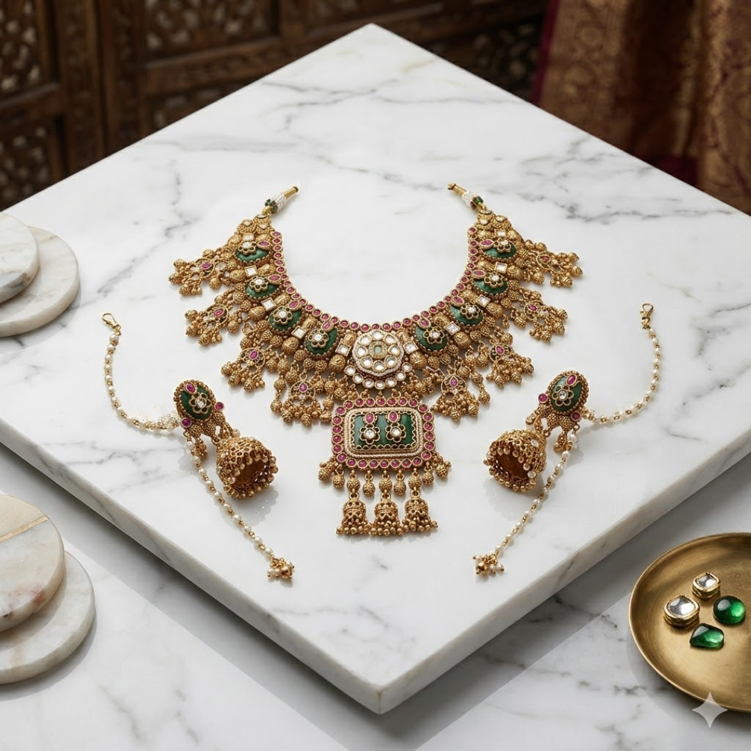 Empress Emerald & Ruby Antique Gold Bridal Jewellery Set