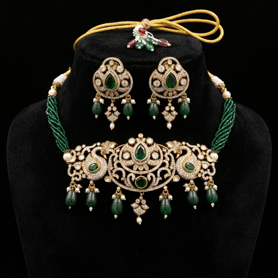 Royal Emerald Peacock Polki Choker Set