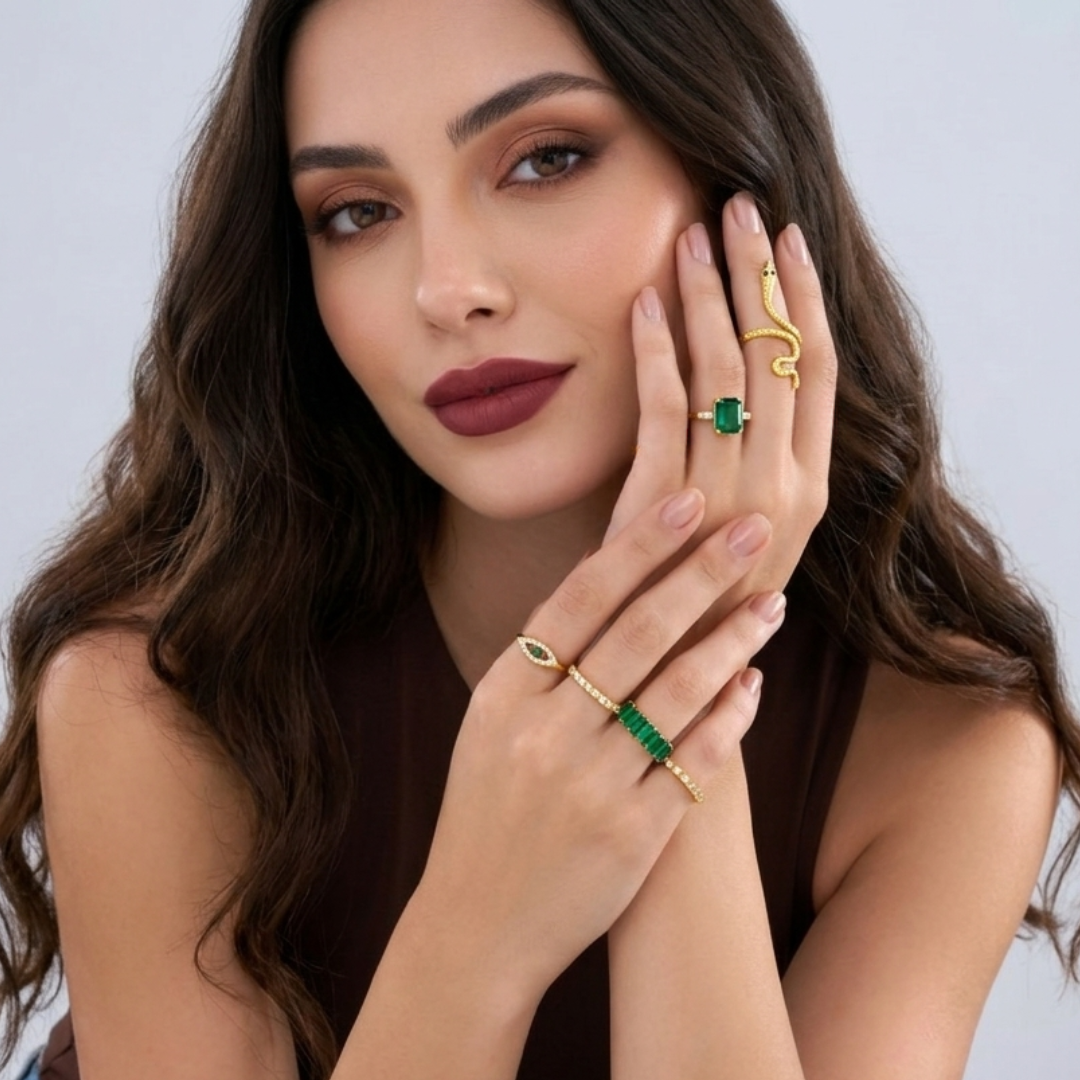 Serpent Charm & Emerald Ring Stack - JR101