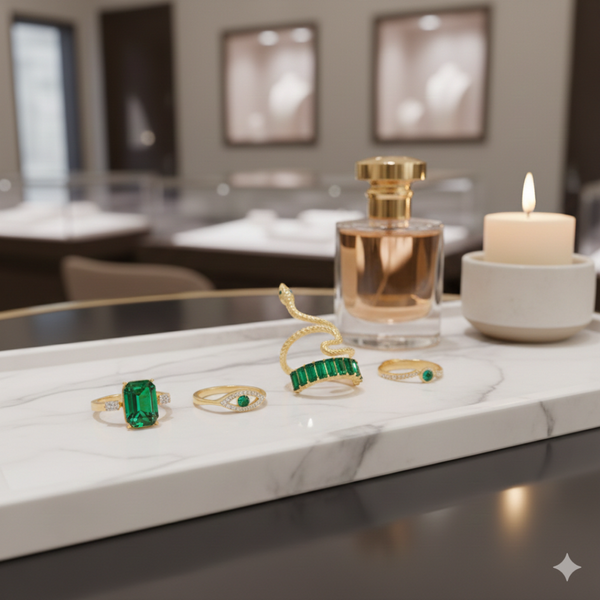 Serpent Charm & Emerald Ring Stack - JR101