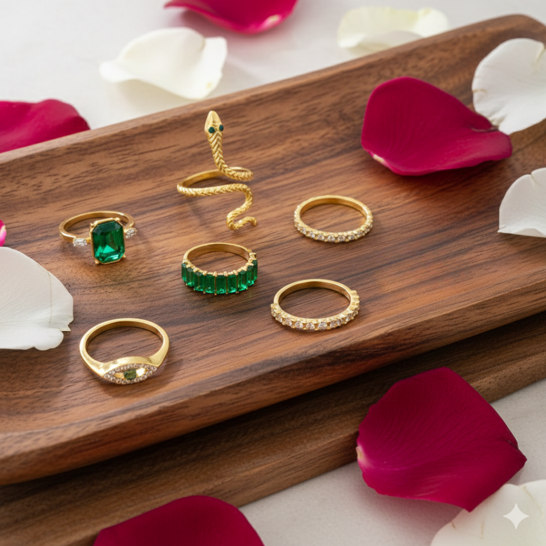 Serpent Charm & Emerald Ring Stack - JR101