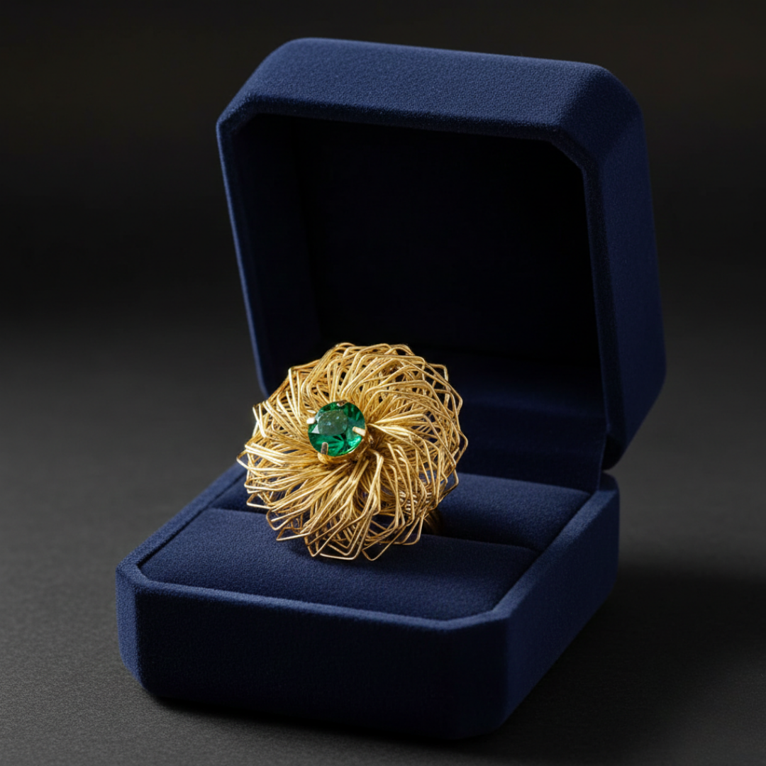 Golden Wire Flower Ring with Green Crystal - JR104