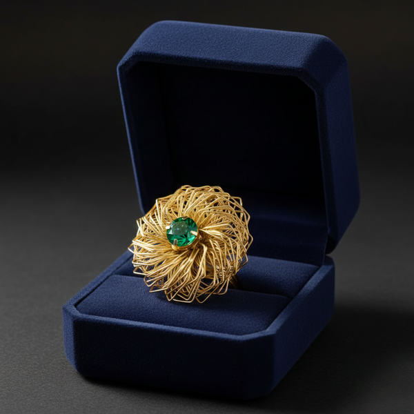 Golden Wire Flower Ring with Green Crystal - JR104