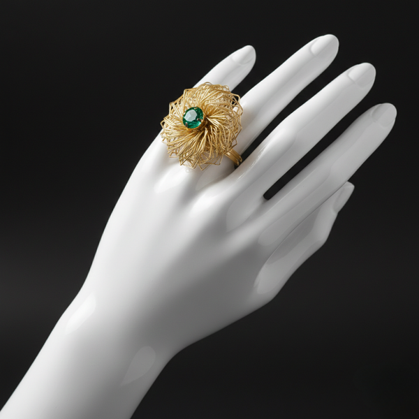 Golden Wire Flower Ring with Green Crystal - JR104