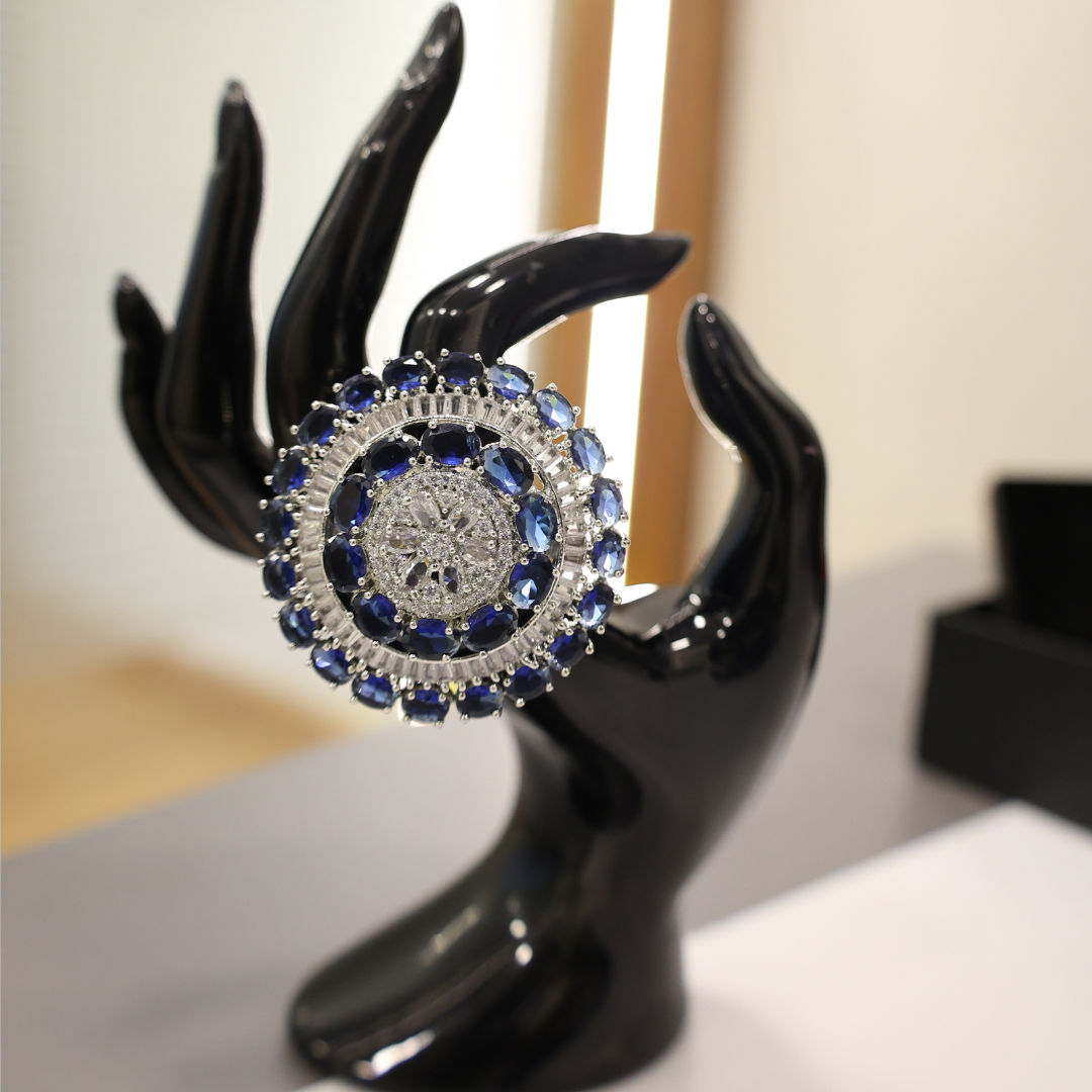Royal Sapphire Halo Statement Ring