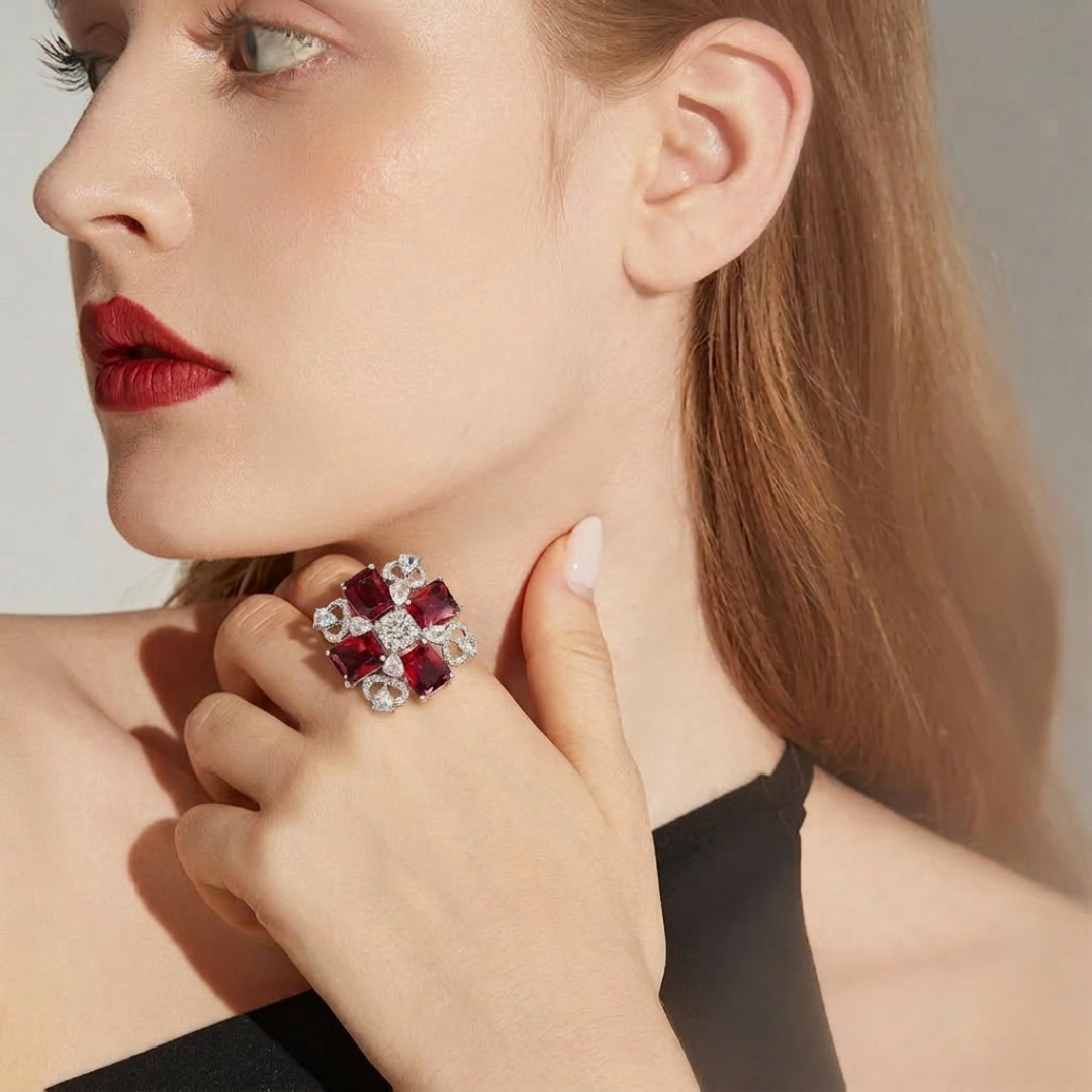 Ruby Red Floral Statement Cocktail Ring