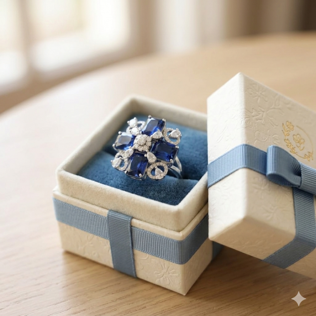 Royal Sapphire Blue Floral Statement Ring