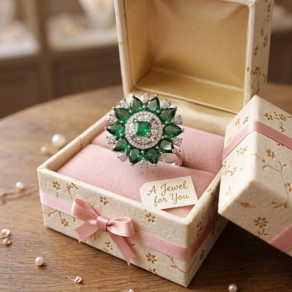 Emerald Enigma Sunburst Cocktail Ring