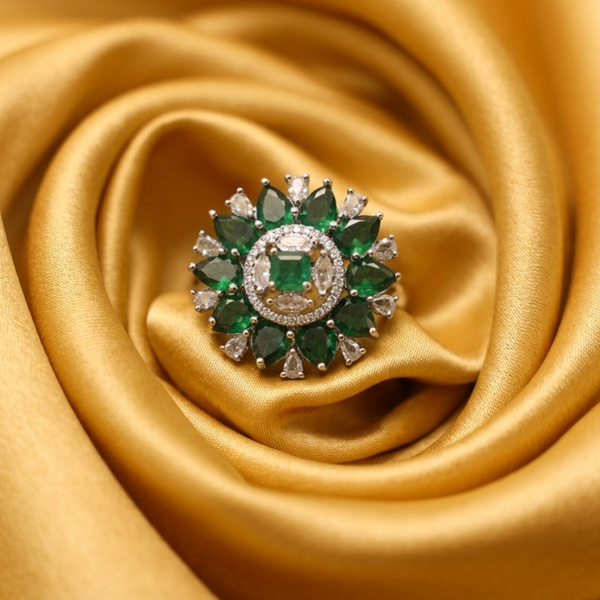 Emerald Enigma Sunburst Cocktail Ring