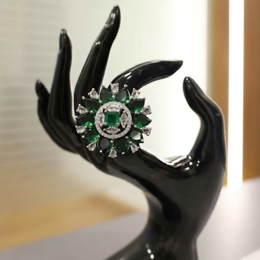 Emerald Enigma Sunburst Cocktail Ring